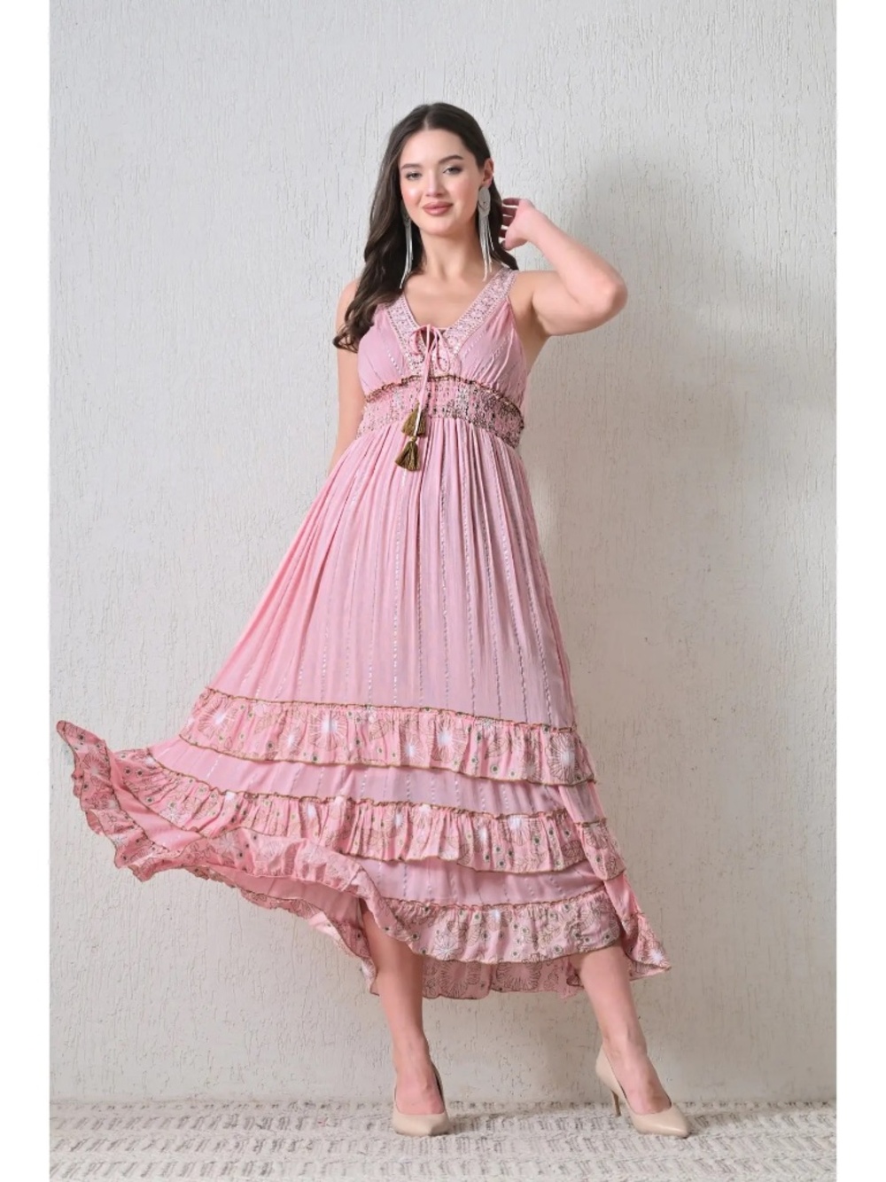 Bohemian Lace Panel Tiered Maxi Dress